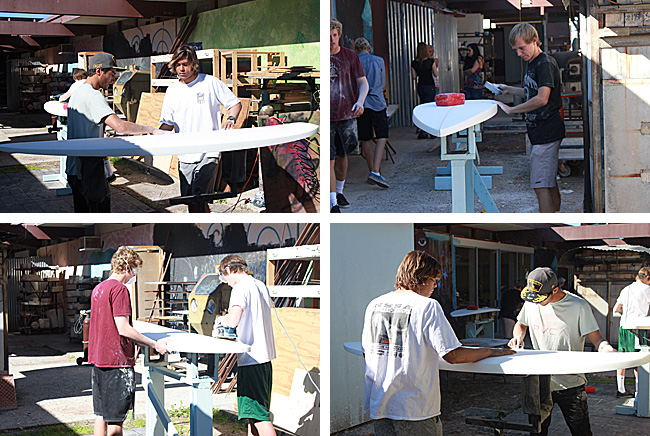 photos of students shaping surfboards